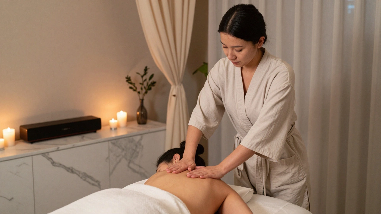 A professional massage session in a serene luxury suite, focused on therapeutic touch and relaxation.