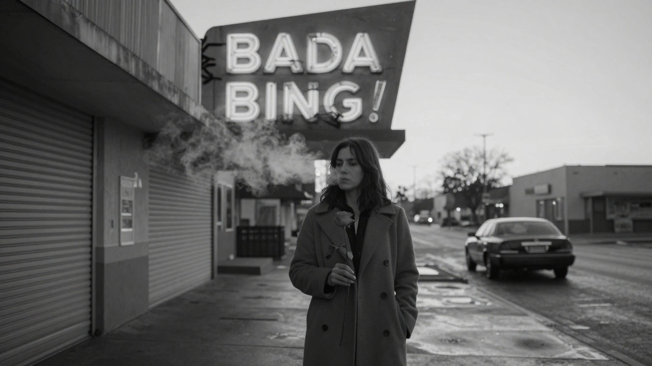 A woman stands outside a closed strip club at dawn, holding a rose, the faded Bada Bing! sign behind her.
