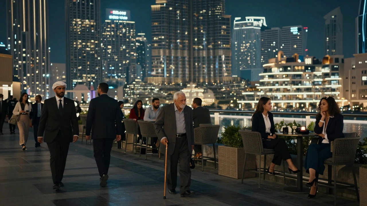 Lonely expats in Dubai’s glittering cityscape, seeking connection amid urban isolation.